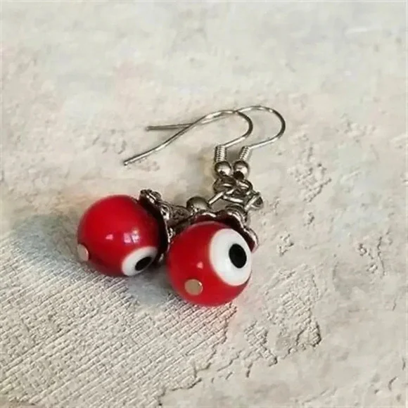 Hand Crafted Evil Eye Red Lampwork Glass Beads Protective Talisman Drop Earrings - Picture 5 of 5